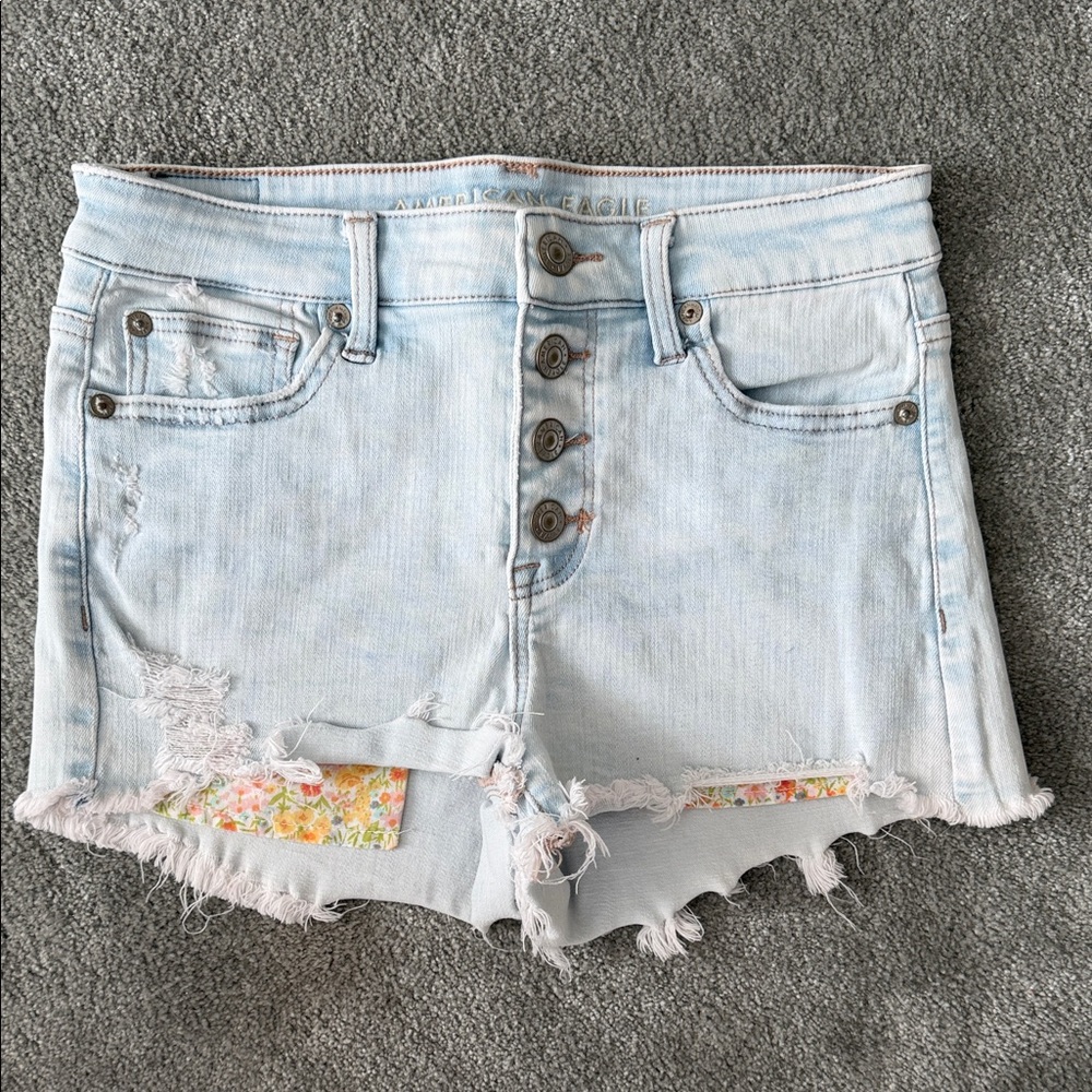 American Eagle Outfitters Light Wash Button-Up Distressed Jean Shorts